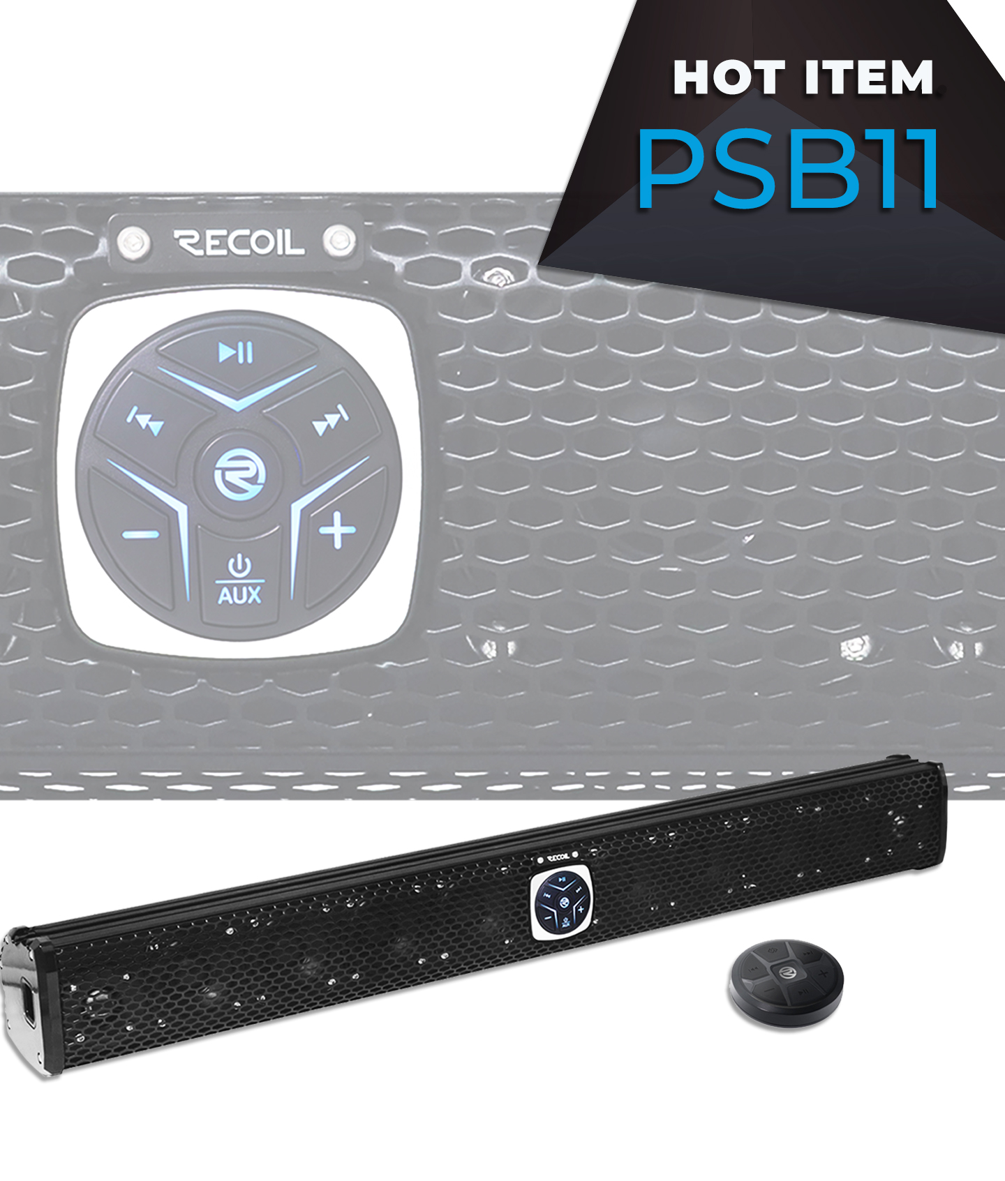 Recoil PSB11 11 Speakers All-in-One Amplified Powersports Soundbar with Remote 34 Inches IPX5 Rated Weatherproof Bluetooth Amplified Eight 3-inch Speakers Three Tweeters Six Passive Radiator Sound Bar 